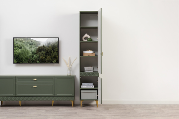 Гостиная Марион композиция 1 дымчатый зеленый K521, олива шагрень AG 1050 ПВХ, белый PE шагрень (собирается на любую сторону)