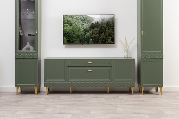 Гостиная Марион композиция 1 дымчатый зеленый K521, олива шагрень AG 1050 ПВХ, белый PE шагрень (собирается на любую сторону)