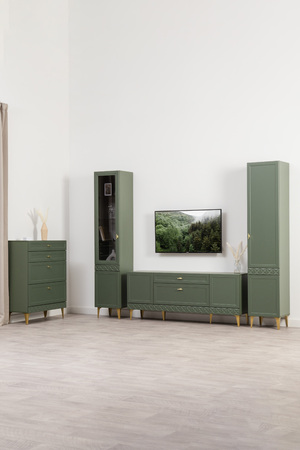 Гостиная Марион композиция 2 дымчатый зеленый K521, олива шагрень AG 1050 ПВХ, белый PE шагрень (собирается на любую сторону)