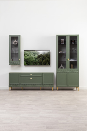 Гостиная Марион композиция 1 дымчатый зеленый K521, олива шагрень AG 1050 ПВХ, белый PE шагрень (собирается на любую сторону)