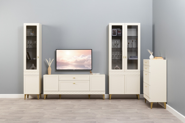 Гостиная Марион композиция 2 слоновая кость С341 PE, слоновая кость 6898 ПВХ, белый PE шагрень (собирается на любую сторону)