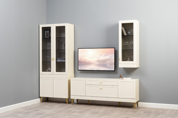 Гостиная Марион композиция 1 слоновая кость С341 PE, слоновая кость 6898 ПВХ, белый PE шагрень (собирается на любую сторону)